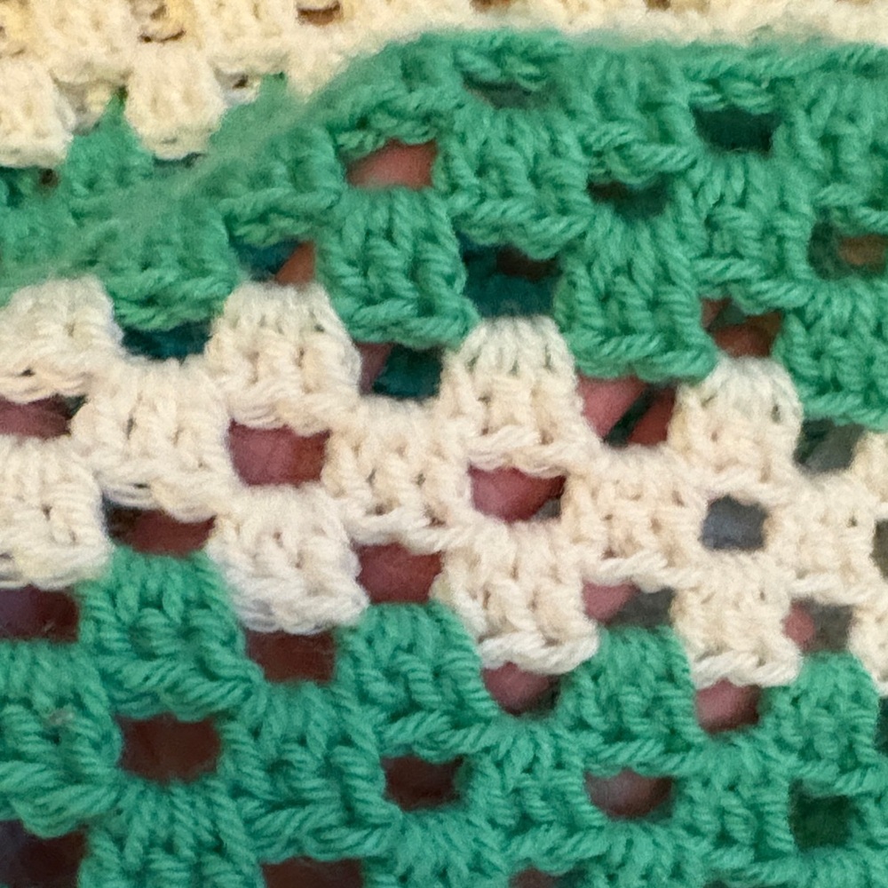 Hand Crafted Green and White Crochet Scoop-Neck Sweater - Large to Extra Large - Picture 6 of 8
